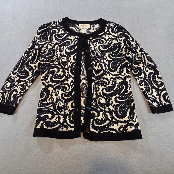 Talbots Sweaters - Talbots Cardigan Women Petite Black Cream Paisley 100% Merino Wool Button Front